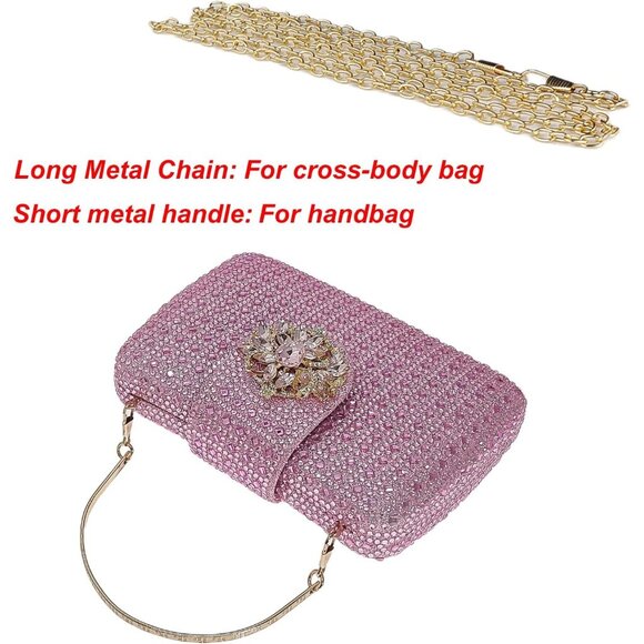 Women's Pink Sparkly Rhinestone Unique Evening Floral Clutch Shoulder Handbag - Picture 6 of 6